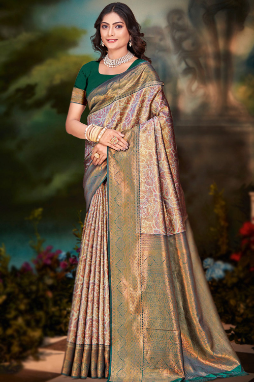 Grey Beige Silk Broad Border Paisley Print Saree 