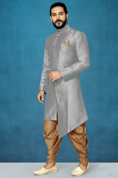 Grey Sherwani with Resham Thread Collar and Dhoti Style