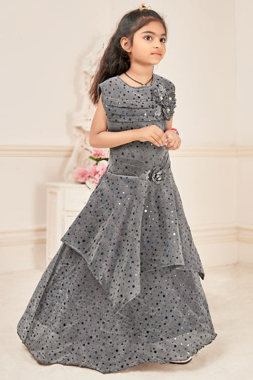 Grey Lycra Patch Embellished Girls' Gown 