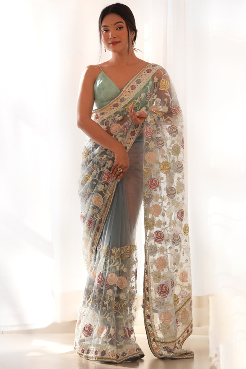 Grey Net Embroidered Floral Saree For Sangeet 