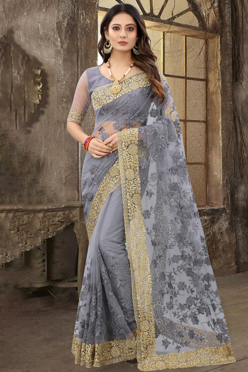 Grey Net Saree With Zari Work For Festival
