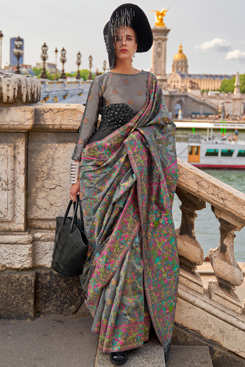 Grey Organza Broad Border Weaved Handloom Saree 