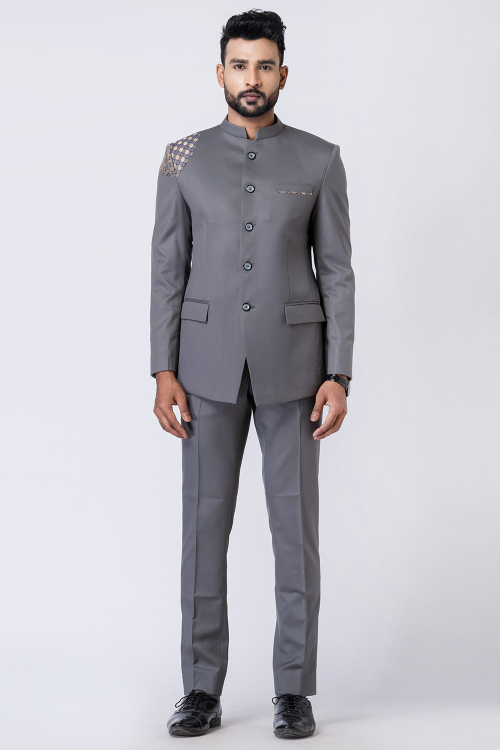 Grey Plain Polyester Jodhpuri Style Men's Coat Pant