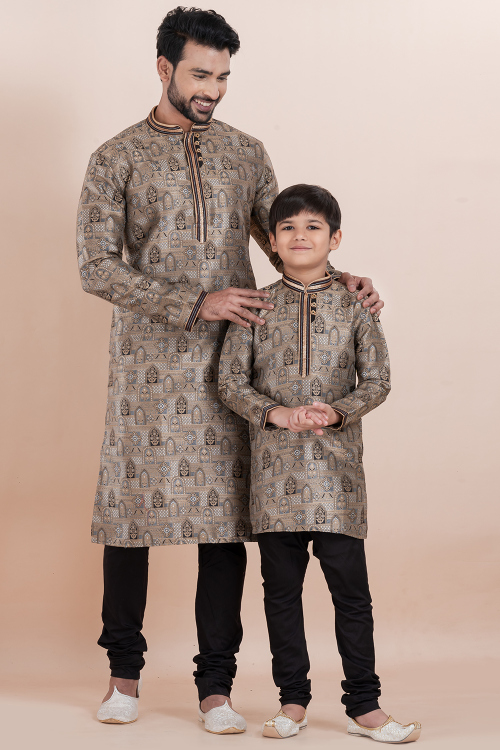 Grey Silk Kurta Pajama Combo for Father &amp; Son Festive Wear