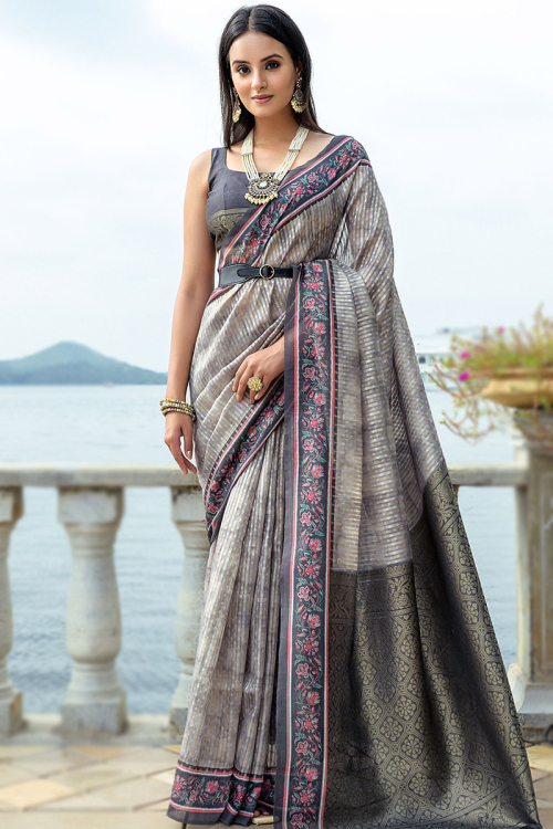 Grey Soft Silk Casual Wear Weaved Zari Broad Border Saree 