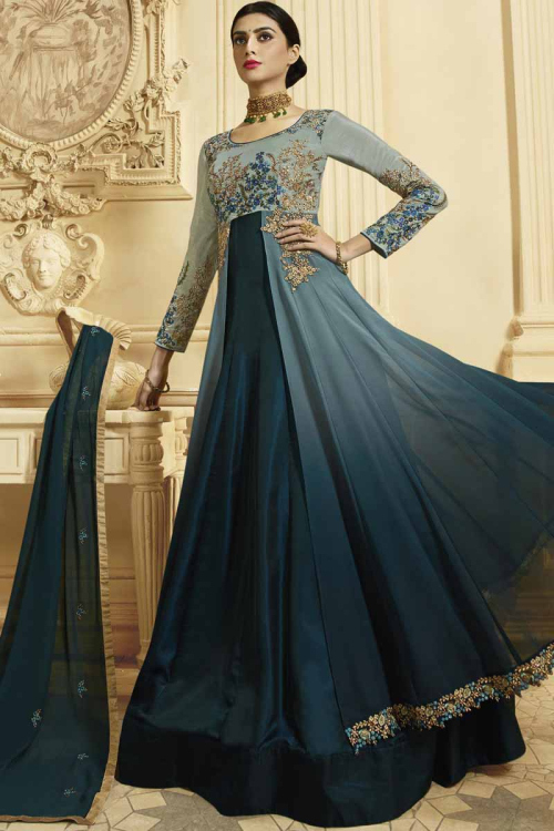 Icy Grey And Deep Teal Banglori Silk Anarkali Suit