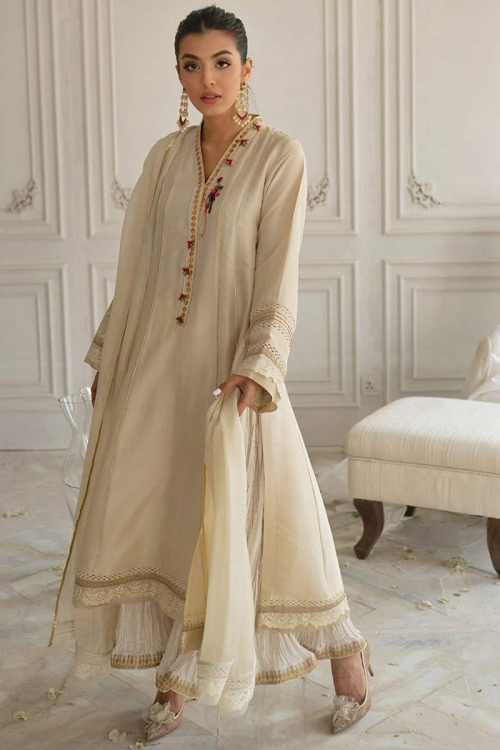 Hand Work Embroidered Silk Ivory Pakistani Sharara Salwar Kameez