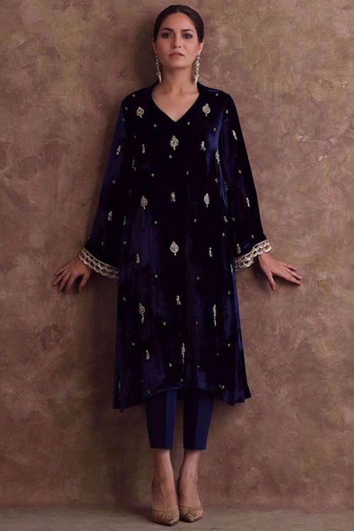 Hand Work Embroidered Velvet Navy Blue Trouser Suit