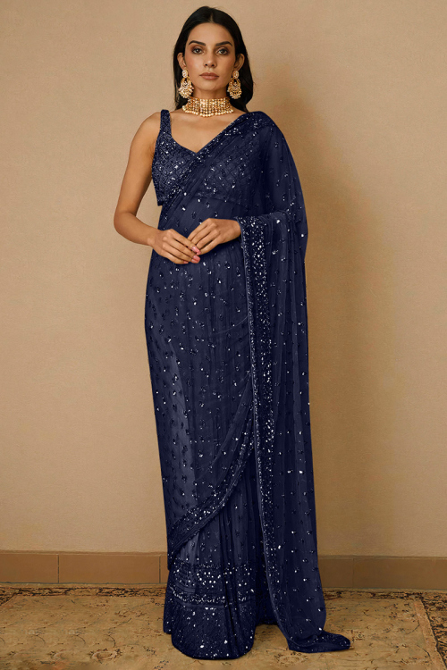 Heavy Net Saree in Navy Blue With Sequins Embroidery 