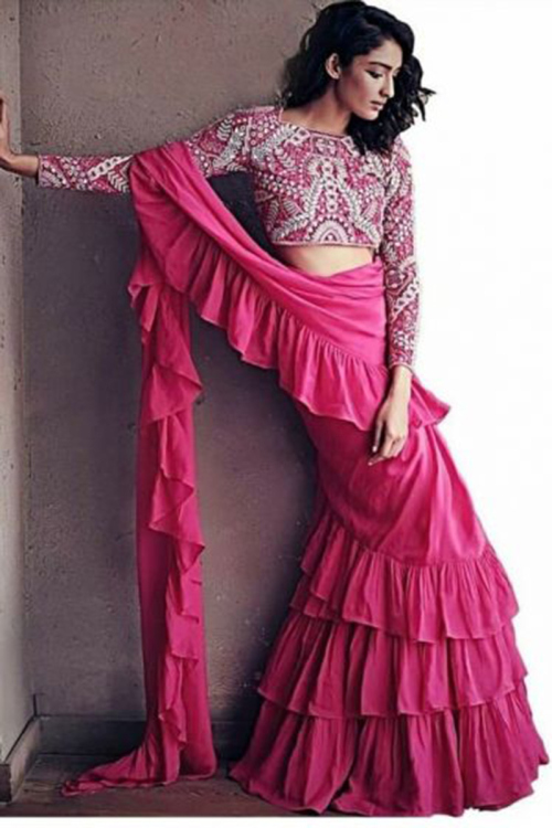 Hot Pink Crepe Ruffle Saree With Embroidered Blouse