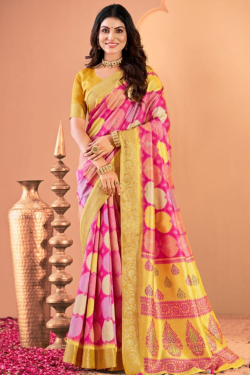 Hot Pink Soft Silk Printed Broad Border Saree