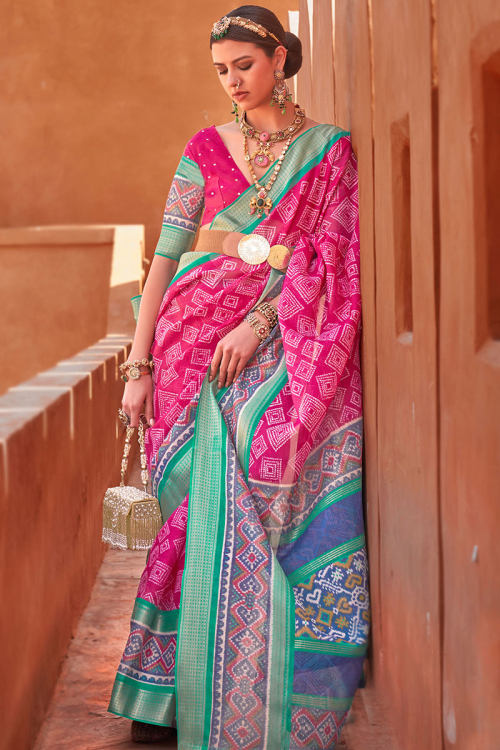 Hot Pink Woven Zari Cotton Silk Traditional Saree 