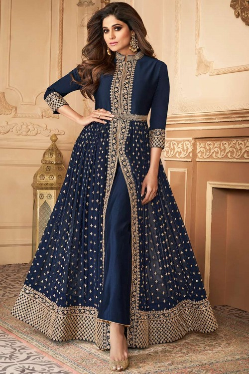 Navy Blue Georgette Wedding Wear Indian Anarkali Salwar Suit