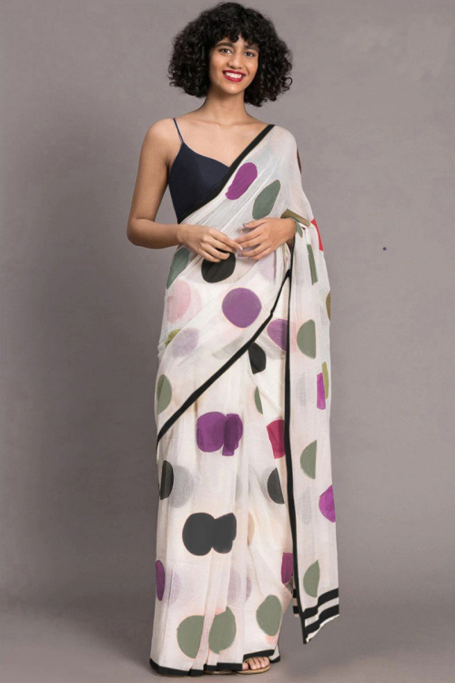 White Chanderi Saree With Polka dots