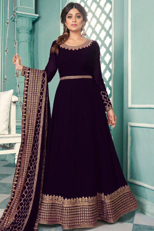 Zari Embroidered Georgette Dark Purple Anarkali Suit for Wedding & Party