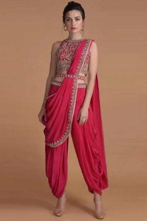 Carrot Pink Crepe Silk Dhoti Style Saree 