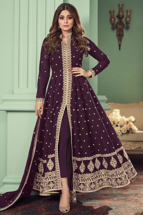Purple Georgette Front Slit Anarkali Suit with Zari embroidery for Wedding & Party