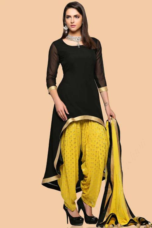Black Georgette Trail Cut Patiala Suit With Dupatta for Wedding & Party