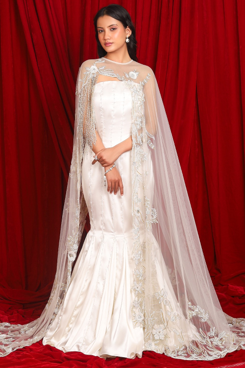 White Satin Indo- Western Style Designer Gown With Embroidered Cape
