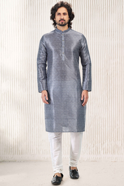 Indian Banarasi Silk Bluish Grey Men's Kurta Churidar 