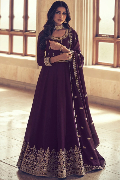 Indian Silk Dark Purple Zari Embroidered Anarkali Suit 