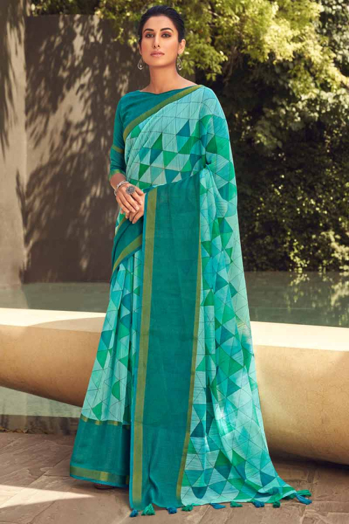 Indian Wear Teal Green Chanderi Printed Saree