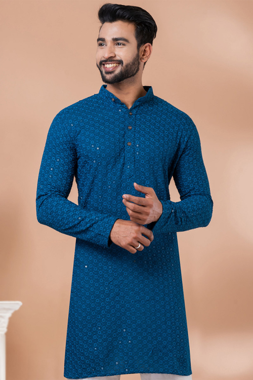 Indigo Blue Chikankari Embroidered Rayon Men's Kurta For Sangeet 