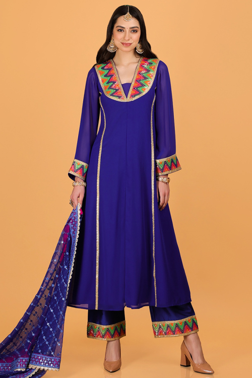 Indigo Blue Georgette Lace Embroidered Designer Front Slit Salwar Kameez