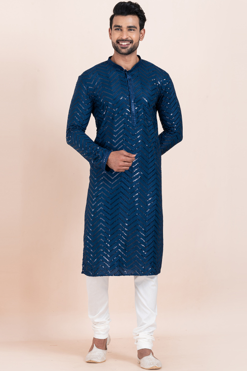 Indigo Blue Rayon Embroidered Straight Cut Men&#039;s Kurta With Churidar