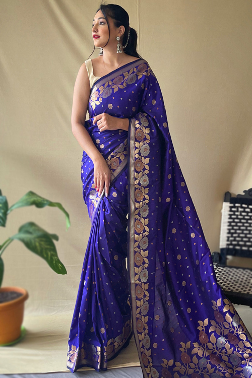 Indigo Blue Weaved Zari Lightweight Silk Saree For Sangeet 