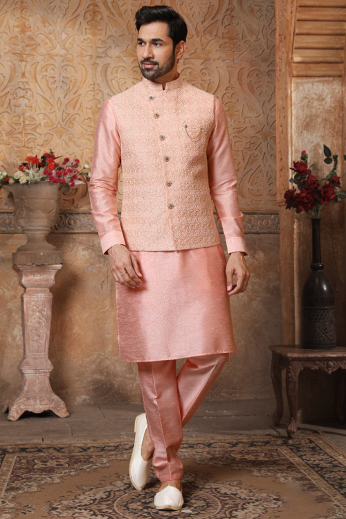Jacket Style Art Silk Peach Men Kurta Pajama