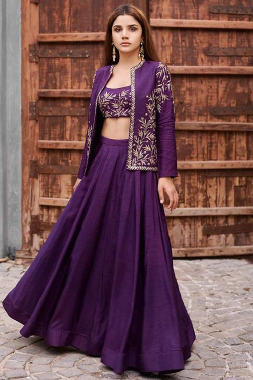 Jacket Style Silk Violet Purple Wedding Lehenga