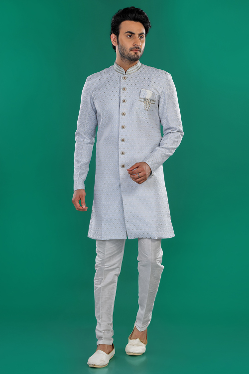 Jacquard Bluish Grey Weaved Thread Indo Western Men's Sherwani