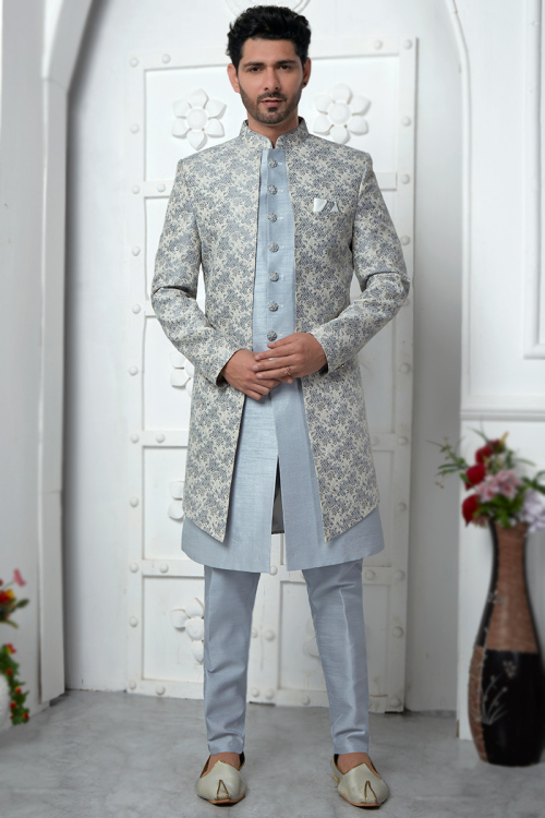 Jacquard Dusty Blue Weaved Jacket Style Men's Sherwani