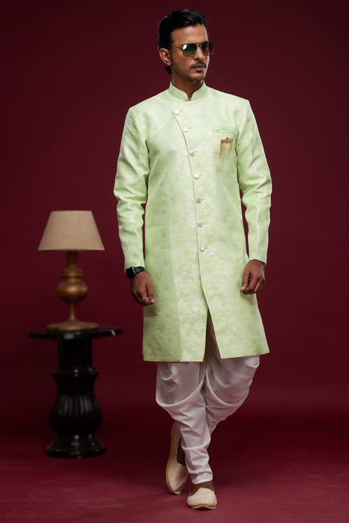 Jacquard Light Green Weaved Zari Men's Sherwani For Mehndi 