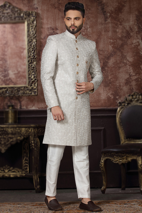 Light Grey Traditional Sangeet Men Sherwani in Jacquard