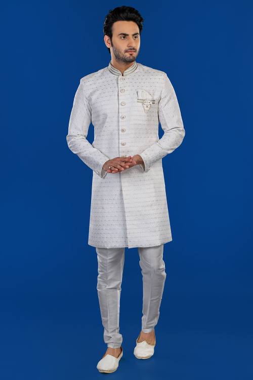 Jacquard Light Grey Weaved Thread Indo Western Men's Sherwani