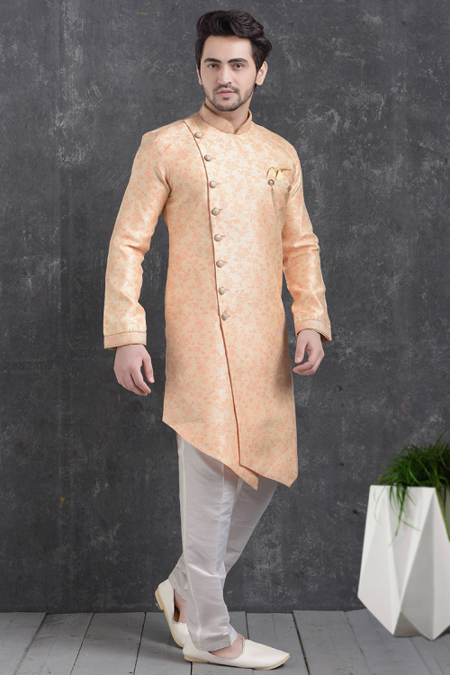 Jacquard Light Peach Weaved Thread Indo-Western Men's Sherwani