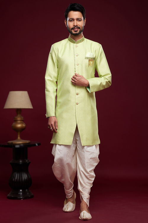 Jacquard Pistachio Green Weaved Thread Men's Sherwani 