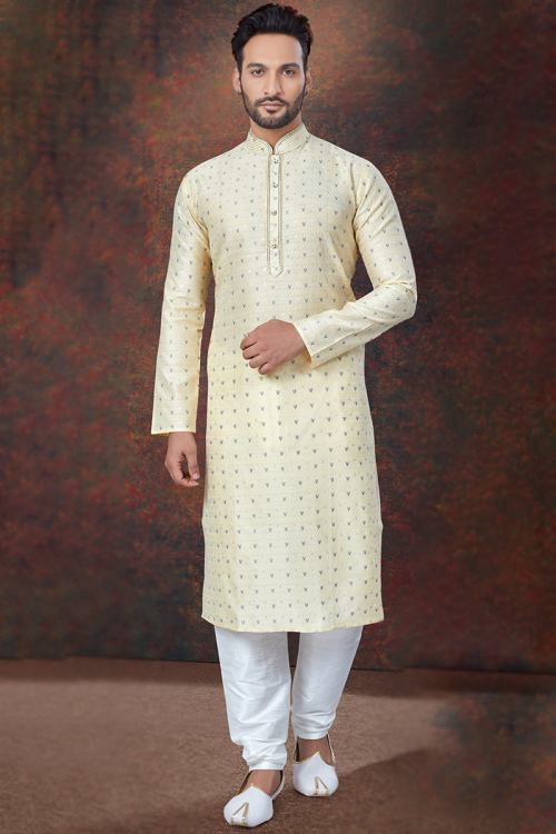 Jacquard Weaved Thread Light Yellow Straight Cut Men's Kurta Churidar 