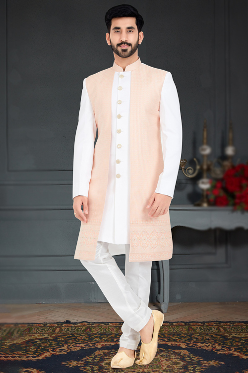 Jacquard White Men's Jacket Style Sherwani