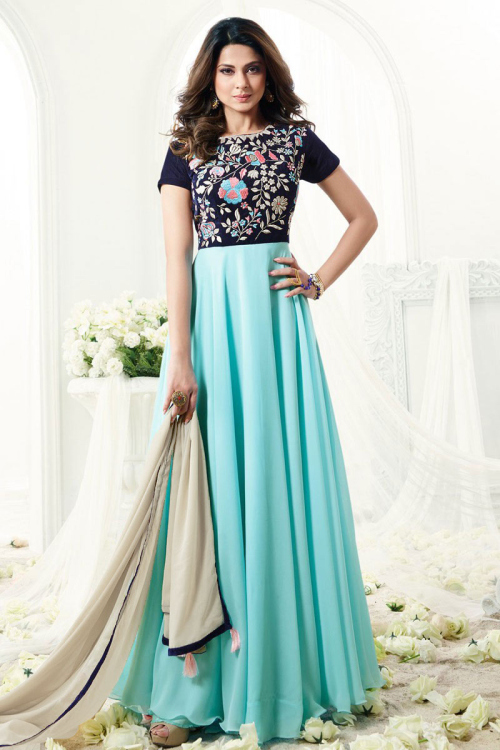 Navy Blue And Light Blue Georgette Anarkali Suit for Wedding & Party