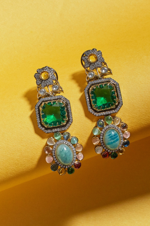 Teal Blue Emerald Polki Earrings