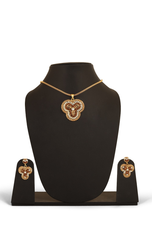 Light Brown Stone Work Necklace Set With Earring