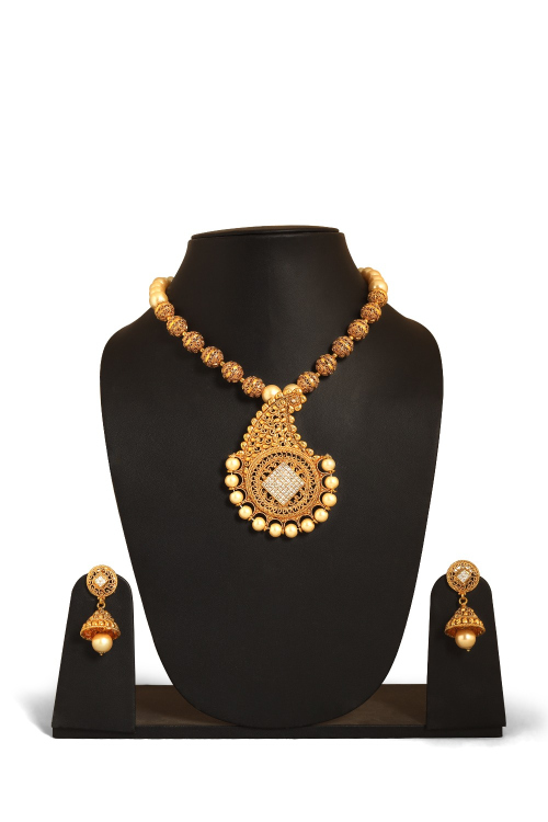 Elegant Gold Stone Work Necklace Set with Earrings for Parties