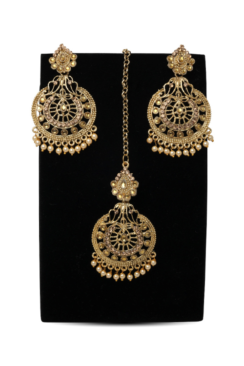  Stone Studded Chand Bali Earrings with Maangtika