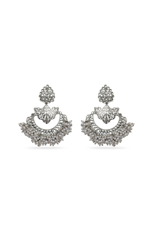 Silver Kundan Chandbali Earrings with White Bead Detail