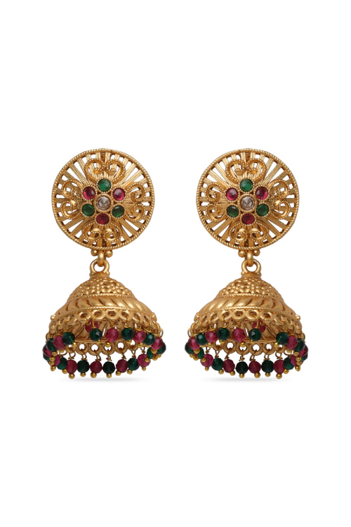 Green And Magenta Stone Studded Jhumka Earrings