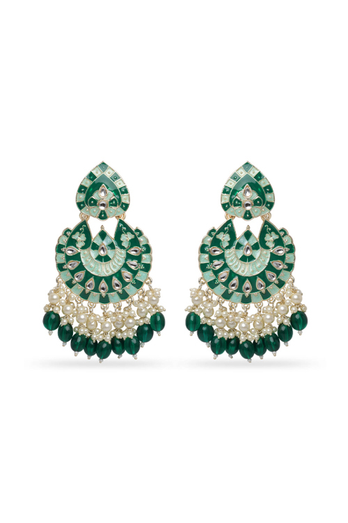 Royal Green Meenakari Kundan Chandbalis with Pearls and Beads