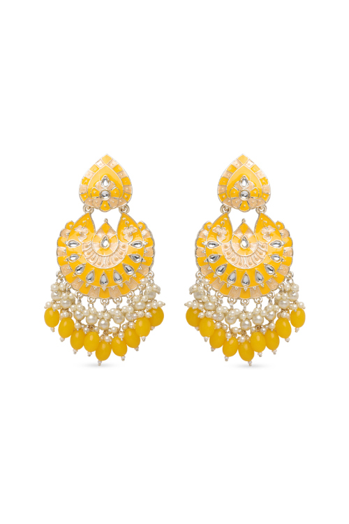 Sunshine Yellow Meenakari Kundan Chandbali Earrings with Pearls and Beads